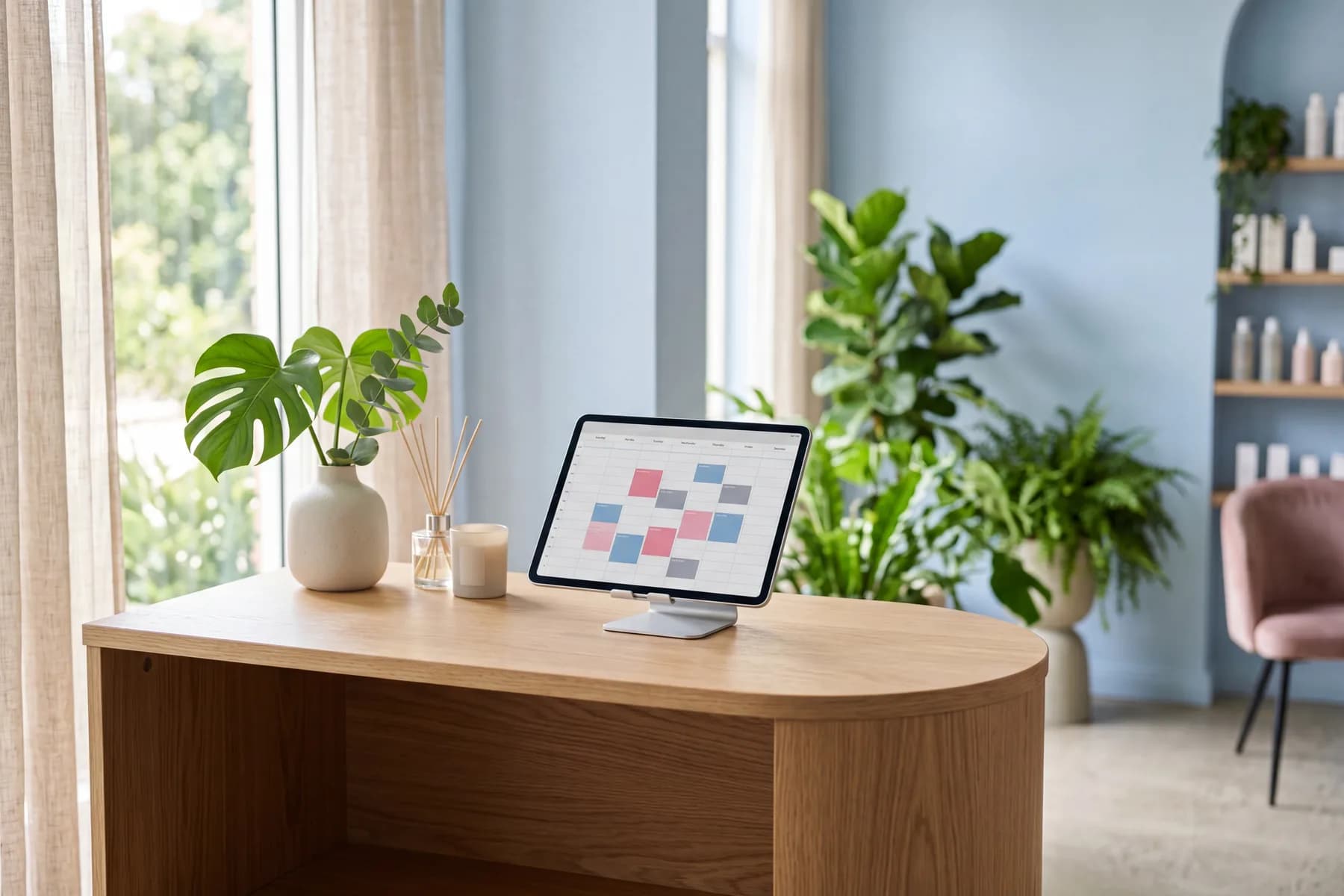 Calm salon reception desk with a tablet showing an abstract booking calendar; soft pastel and blue tones.