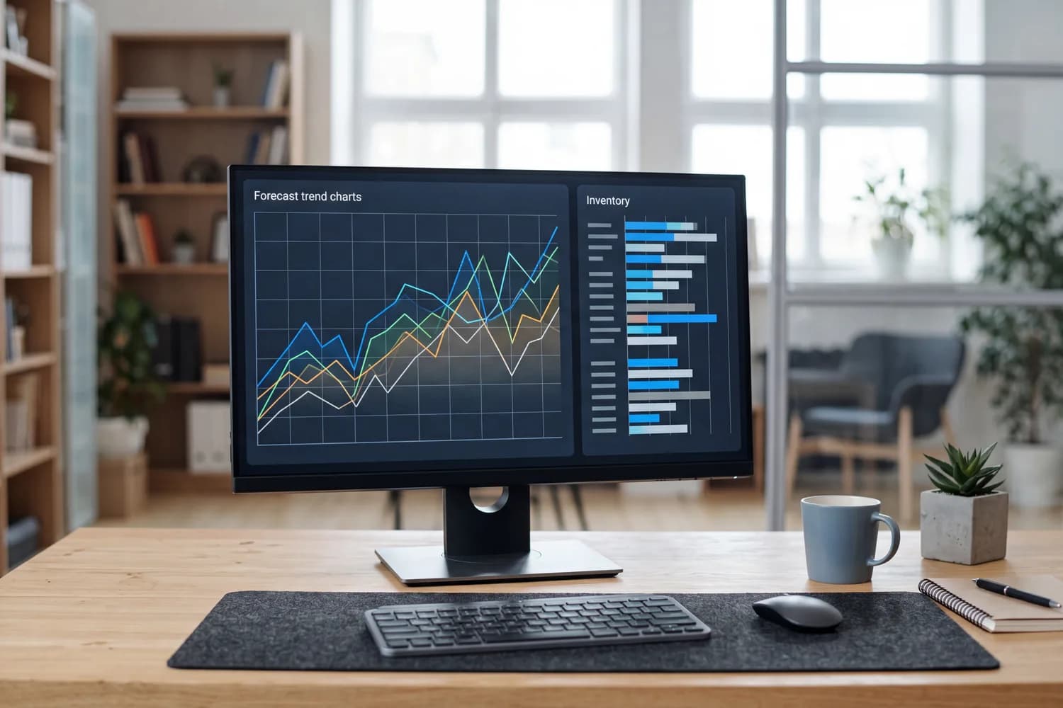 Mücərrəd çoxxətli tələbat proqnozu qrafikləri və placeholder rəqəmlərlə ehtiyat mövqeləri paneli olan monitor — AI dövriyyə analitikasının illüstrasiyası