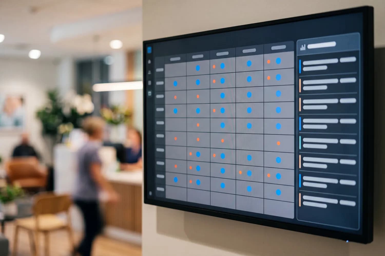 A clinic reception desk with a monitor showing an abstract appointment schedule and a reminders panel: a calendar grid of slots with placeholder bars, no faces or text — an illustration of intelligent schedule management