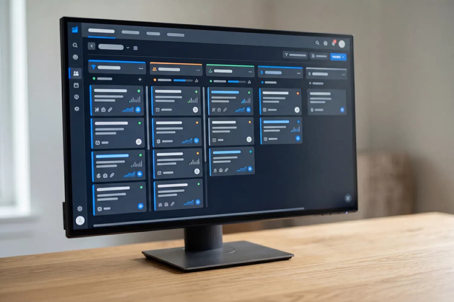 A desktop monitor with an abstract kanban sales funnel: stage columns and deal cards with placeholder bars — an illustration of transparent pipeline management