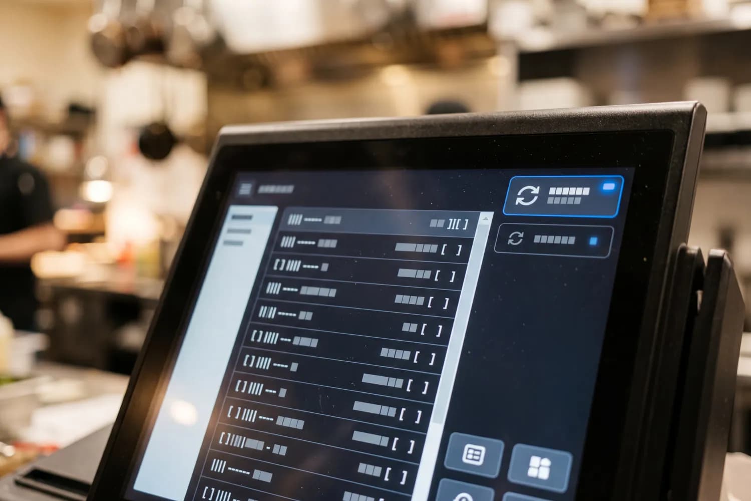 POS-терминал на барной стойке ресторана с абстрактным заказом-тикетом на экране (плейсхолдер-полосы, без символов валют) — иллюстрация сквозного учёта продаж