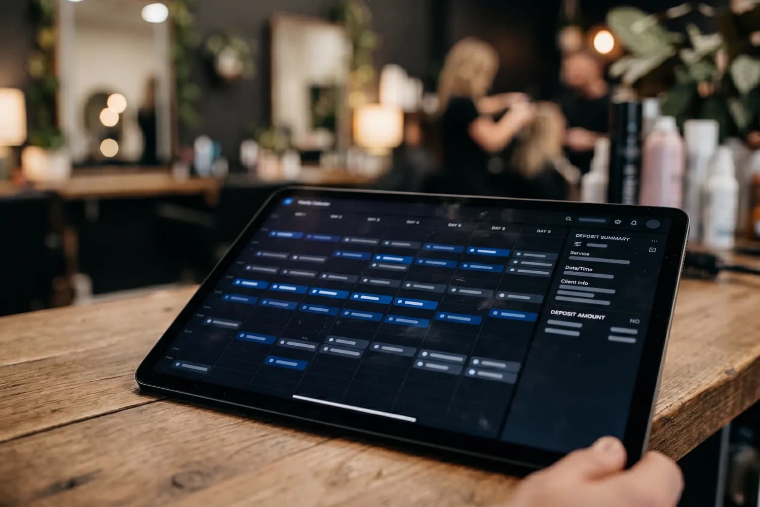 A beauty-salon reception desk with a monitor showing an abstract online-booking calendar and a deposit panel: a grid of slots with placeholder bars, no faces or text — an illustration of booking automation and financial guarantees