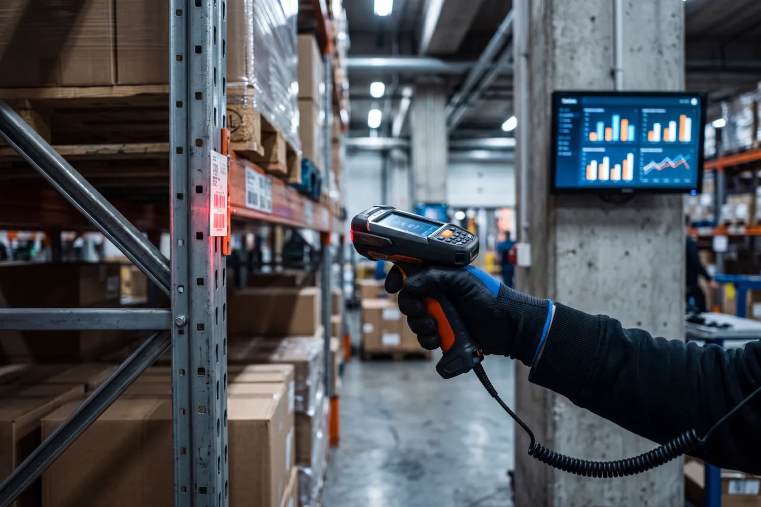 A tidy, high-tech warehouse aisle with a handheld data terminal and a wall screen showing abstract analytics — an illustration of bin-location storage