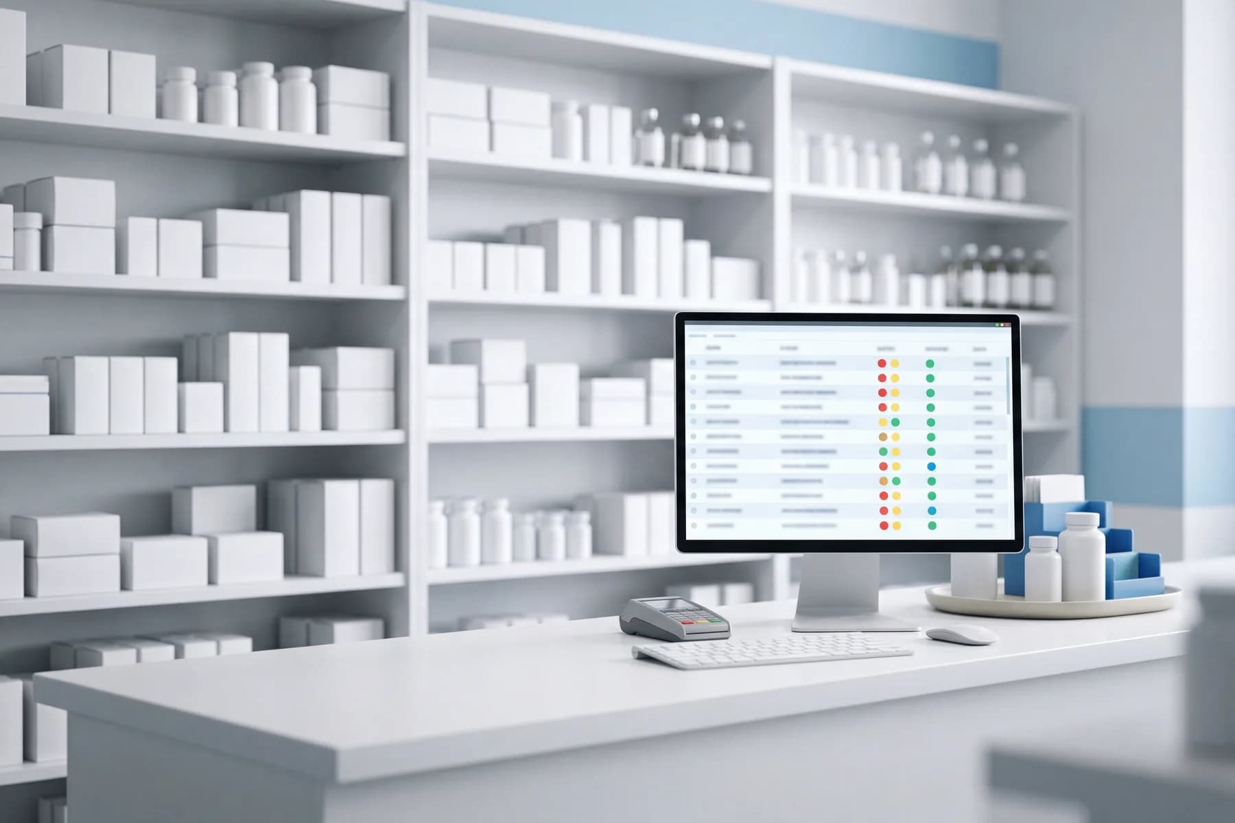 Bright minimalist pharmacy counter with a monitor showing an abstract inventory list with expiry indicators; clean unbranded shelving.