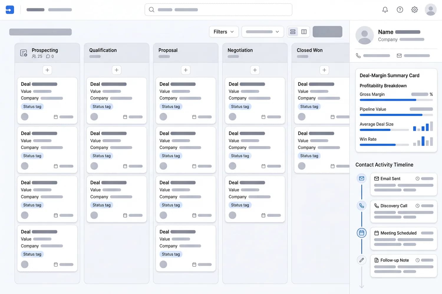 Sales CRM screen: a deal pipeline in kanban stages, a contact activity timeline, and a deal-margin summary card — light theme, blue accents.