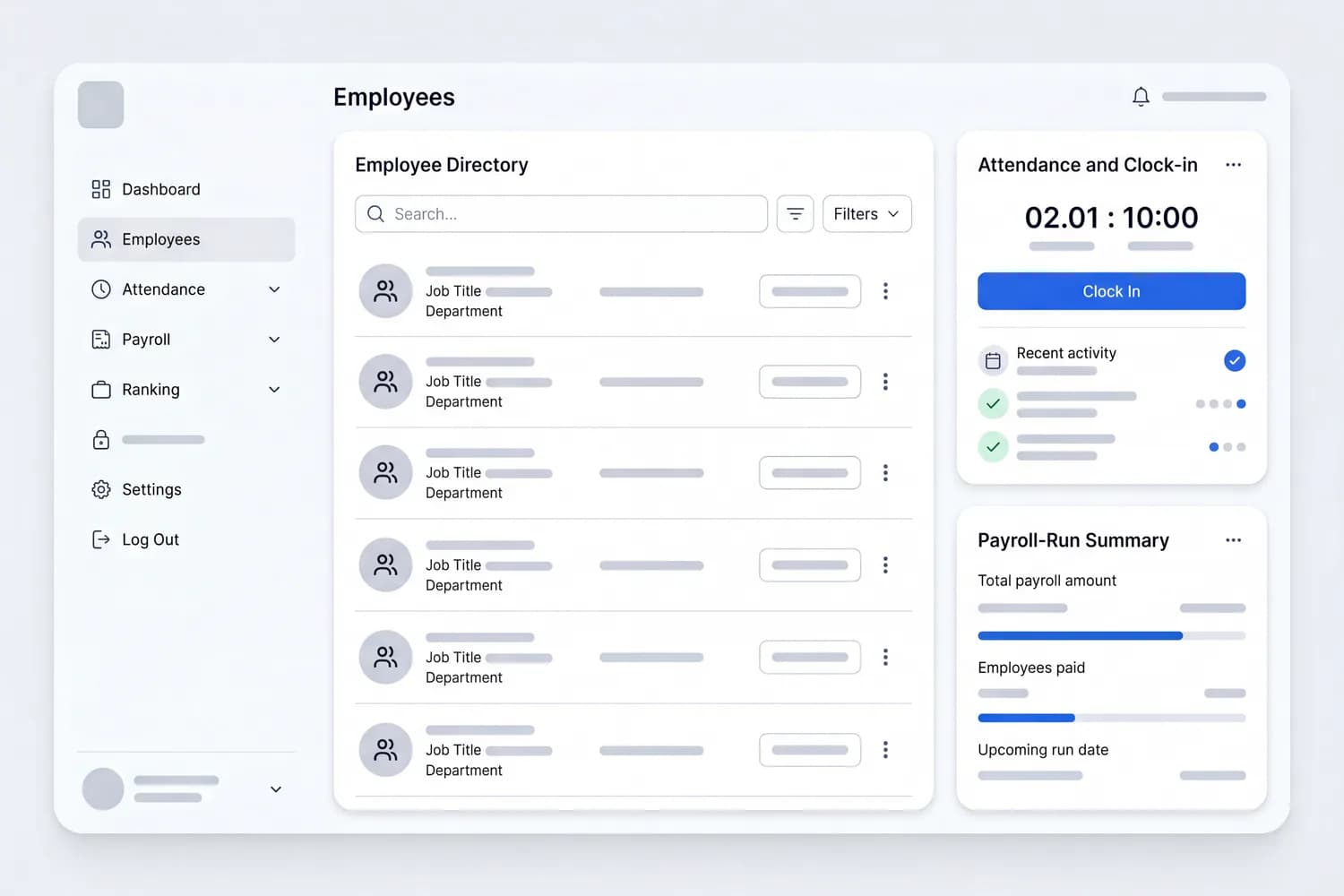 HR management screen: an employee directory, an attendance and clock-in panel, and a payroll-run summary — light theme, blue accents.