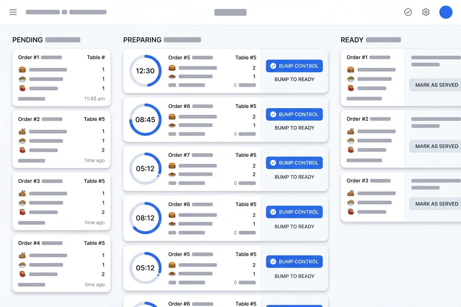 Kitchen display screen: incoming order tickets arranged in time-ordered lanes with preparation timers and a bump control — light theme, blue accents.