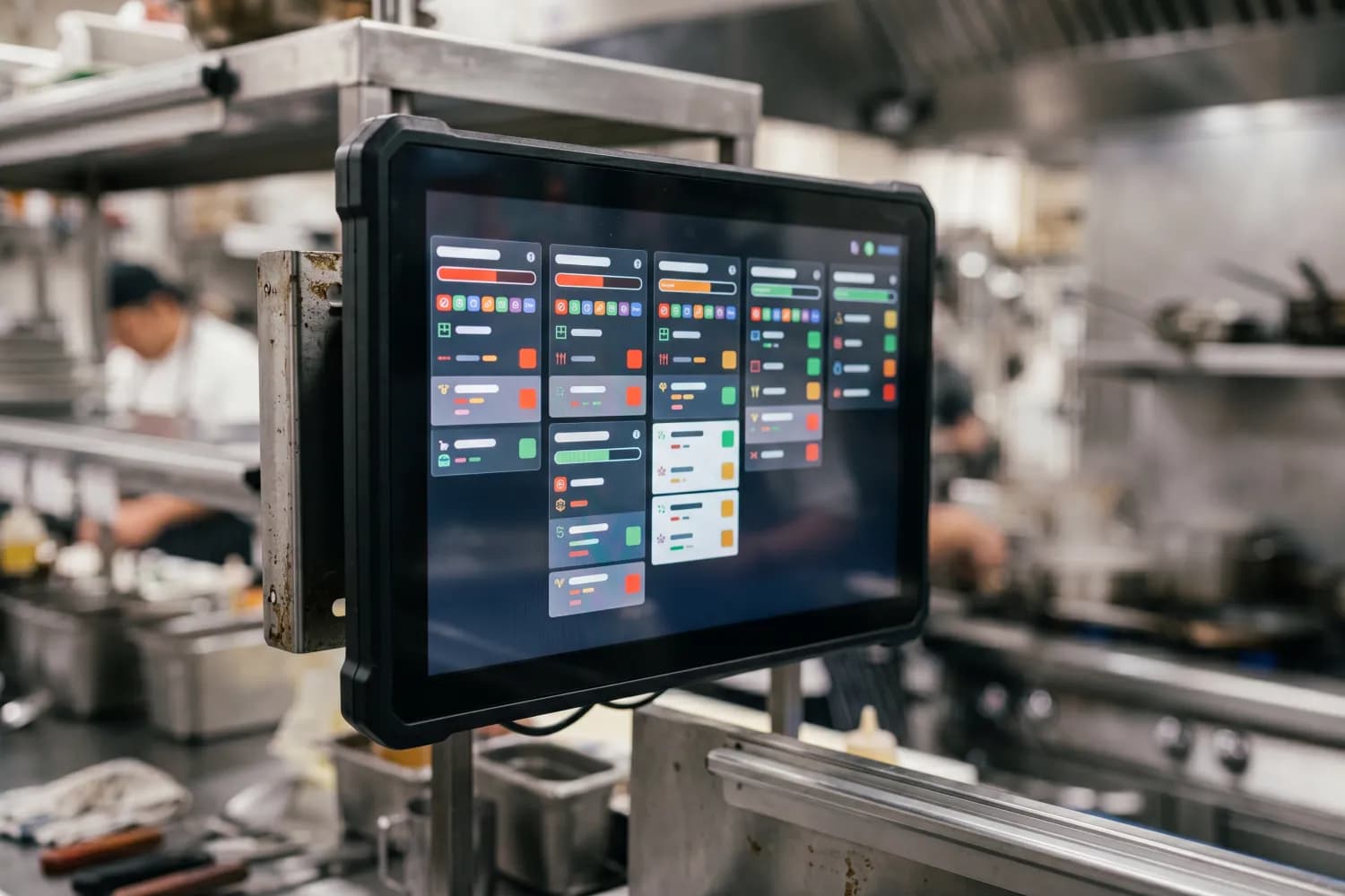 Kitchen screens above the pass showing abstract ticket bars with prep timers (placeholder bars) — an illustration of digital order-queue management