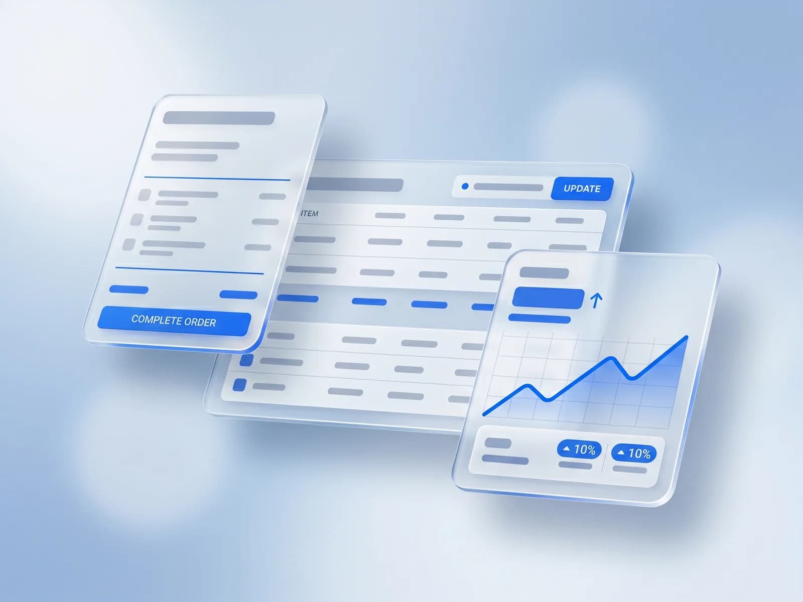 Abstract product-UI collage: floating cards for a point-of-sale ticket, an inventory list, and a KPI tile with an upward chart, on a soft blue gradient.
