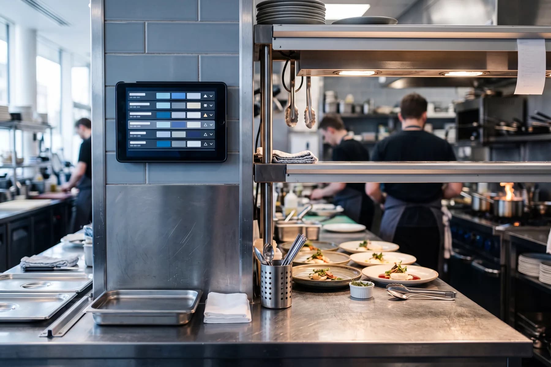 Modern restaurant kitchen pass with a wall-mounted tablet displaying a kitchen-display ticket queue; stainless surfaces, soft natural light.